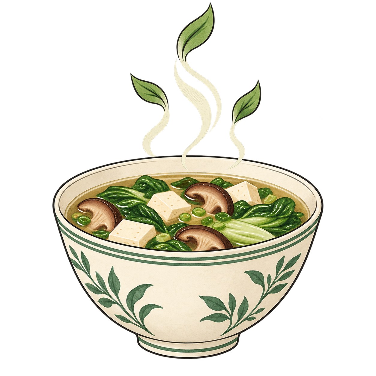 Illustration of a vegetarian soup bowl with leafy steam